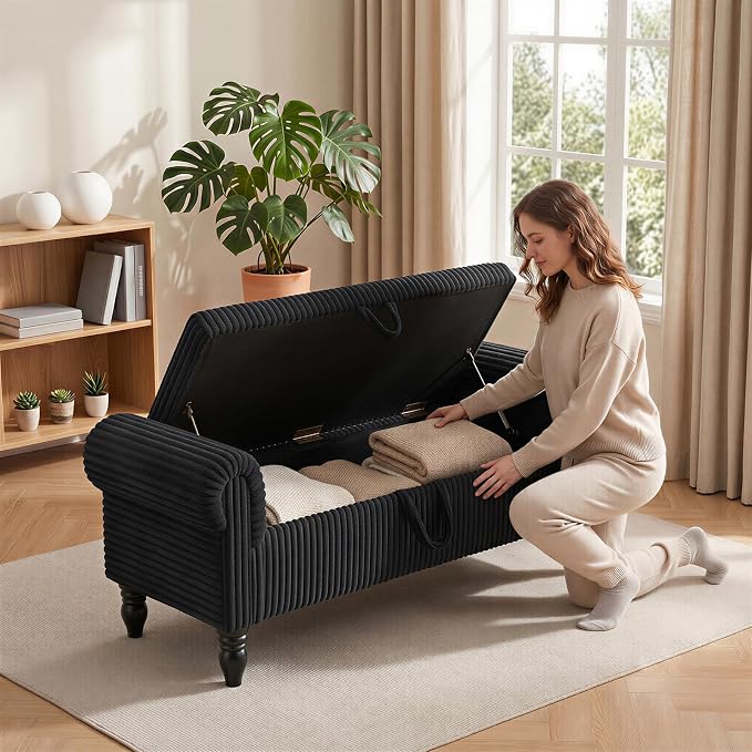 55" Corduroy Storage Bench, End of Bed Bench with Storage, Upholstered Bedroom Bench with Rolled Arm, Ottoman Bench for End of Bedroom, Living Room, Entryway (Black)