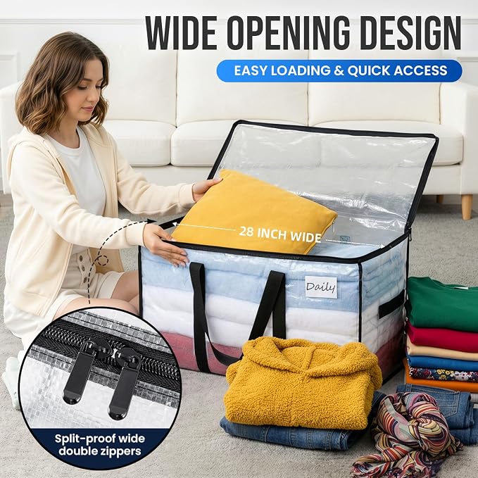 TAILI Extra Large Moving Bags, 12 Pack Clear Heavy Duty Totes For Storage with Visible Window, Wrap Around Handles, Storage Bags for Space Saving, Alternative to Moving Boxes