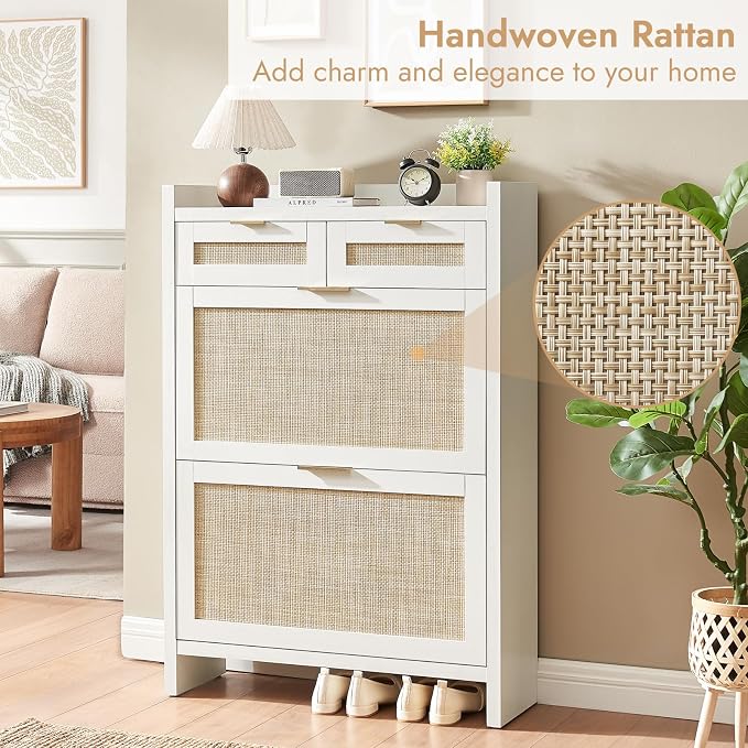 HOKYHOKY Rattan Shoe Storage Cabinet with 2 Drawers & 2 Flip Drawers | Hidden Slim Shoe Organizer, Farmhouse Boho Narrow Shoe Rack, Large Tabletop Space, Entryway, Rustic White