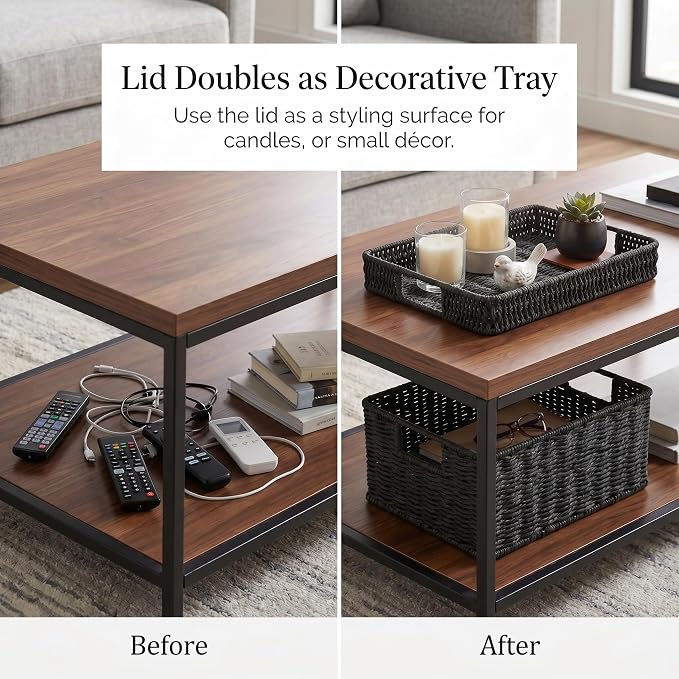 Wicker Storage Basket with Lid for Shelves, Set of 2, Black | One rectangular wicker basket with lid and one open basket for decorative shelf storage; removable lid flips into a tray.