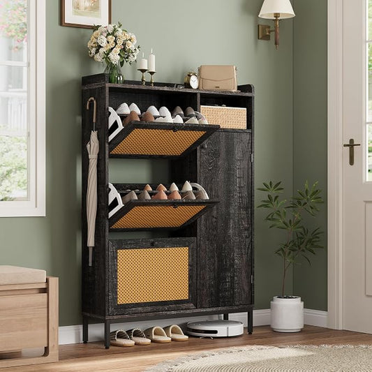 Garvee Shoe Cabinet with 3 Flip Drawers, Freestanding Shoe Organizer with 4-Tier Shoe Storage Cabinet and Adjustable Shelf & Rattan Doors,Narrow Shoe Rack Cabinet for Entryway, Closet, Hallway