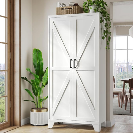 Metal White Storage Cabinet with 2 Doors and 4 Adjustable Shelves, 75" Tall Kitchen Pantry cabinets, Farmhouse Food Pantry Cabinet,5 Tier Freestanding Barn Door Cupboard for Kitchen Dining/Living Room