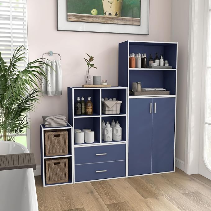 Homes: Inside + Out Apexa 4-Cube Storage Organizer Shelves, Stackable Wood Bookcase Fits Cubby Bins for Organization, Dorm Teen Room Decor & Home Office, Steel Blue