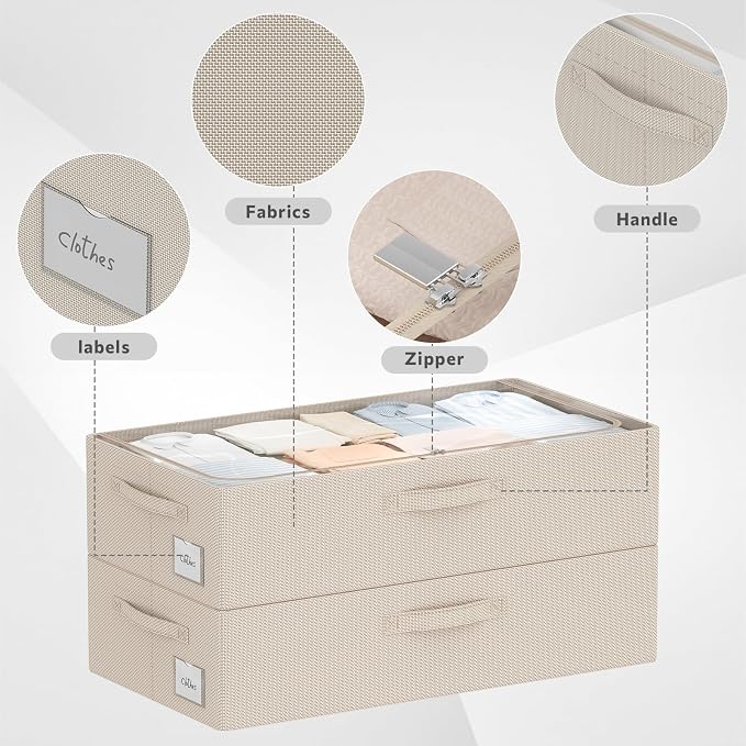 CYhom 3Pcs Under Bed Storage Bins with Metal Frame - Shoe Organizer for Closet with Clear Cover Oxford Fabric Sturdy Underbed Container Foldable Stackable Clothes Organizer (Beige, 23.5x15.7x6.3)