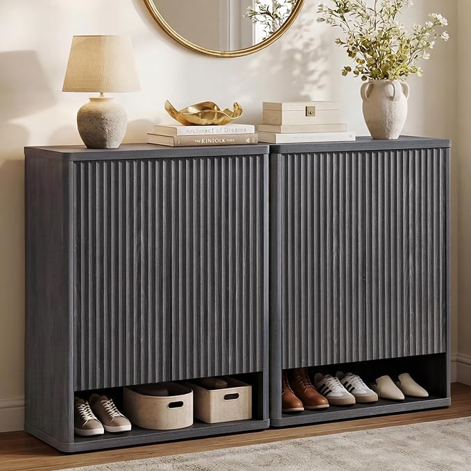 SICOTAS Shoe Cabinet 44 inch Tall Fluted Shoe Cabinet with Doors & 4 Shelves Wooden Large Hidden Shoe Storage Organizer Modern Free Standing 6-Tier Cabinet for Entryway Living Room Closet