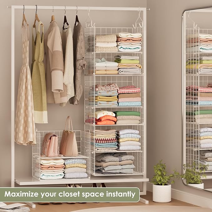 X-cosrack 8-Tier Closet Hanging Organizer Shelf - Hanging Clothes Organizer Shelves, Metal & Foldable Hanging Closet Organizer Baskets with Adjustable Dividers for Clothing Sweaters Shoes Handbags