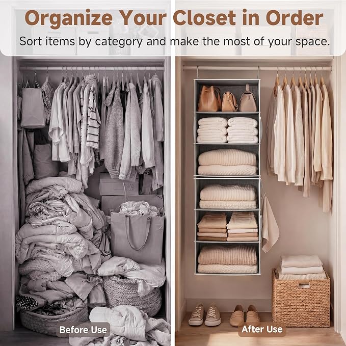 StorageWorks 6-Shelf Jumbo Closet Organizers, Two 3-Shelf Separable Hanging Shelves for Closet, 13" D x 15" W x 47 ¼"H，Gray