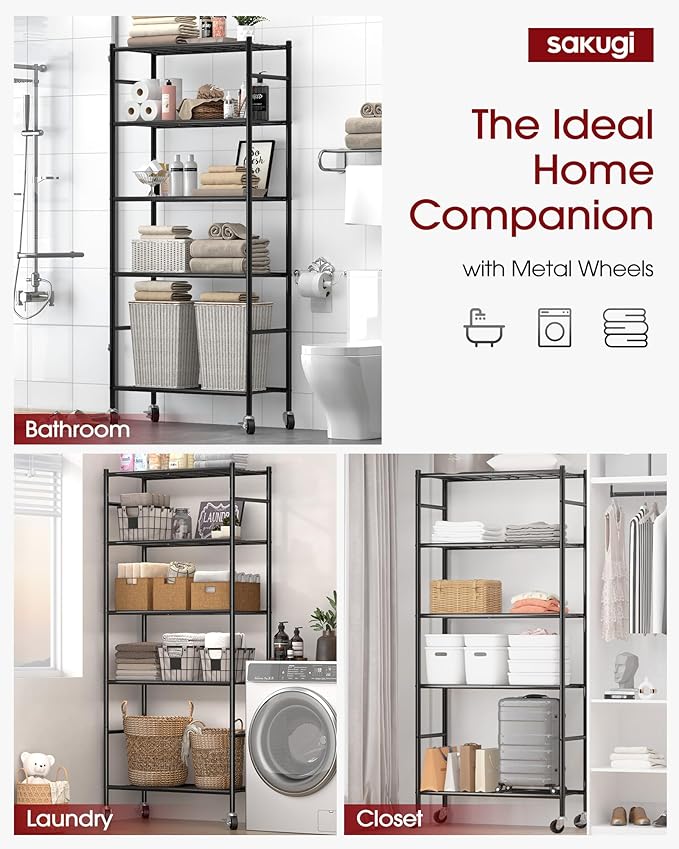 Sakugi 5-Tier Storage Shelves 33.1" x12.6" x73.5" Black with Wheels | Kitchen, Closet, Pantry, Garage, Heavy Duty, Adjustable Feet, Metal Construction