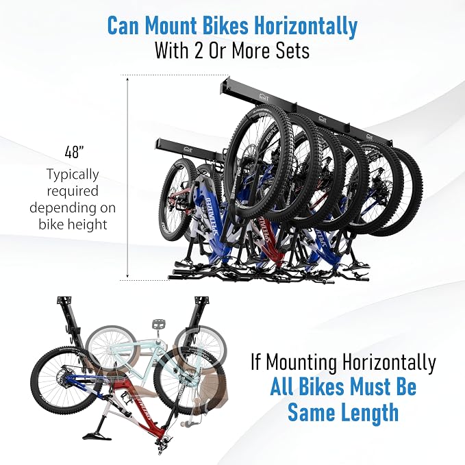 USA Based Ceiling Bike Rack Garage Storage Mount, Bicycle Hanger For Up To 6 Bikes, Sliding 51" Heavy Duty Hook Racks With Padded Hanging Mounts, Hooks Hangers (Black, 3 Rails - 6 Hooks)