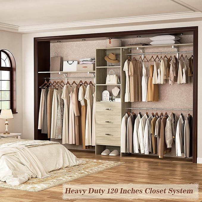 120 Inches Closet System, 10FT Walk In Closet Organizer with 2 Shelving Towers, Heavy Duty Clothes Rack with 3 Drawers, Built-In Garment Rack, 120" L x 16" W x 75" H, Load 1300 LBS, White Oak