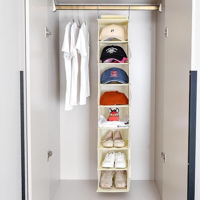 Berdeng Hanging Shoe Organizer for Closet with Side Mesh Pockets，Hat Racks for Baseball Caps，Shoe and Hat Holder & Storage，8-Shelf，Beige，2 Pack