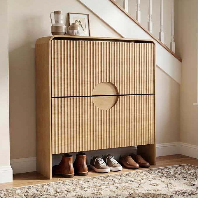 Narrow Shoe Cabinet for Entryway, Thin Entry Way Shoe Storage Cabinet with 2 Flip Drawers, No Shelf, Slim Hidden Shoe Rack Organizer for Entrance, Foyer, Wood Small