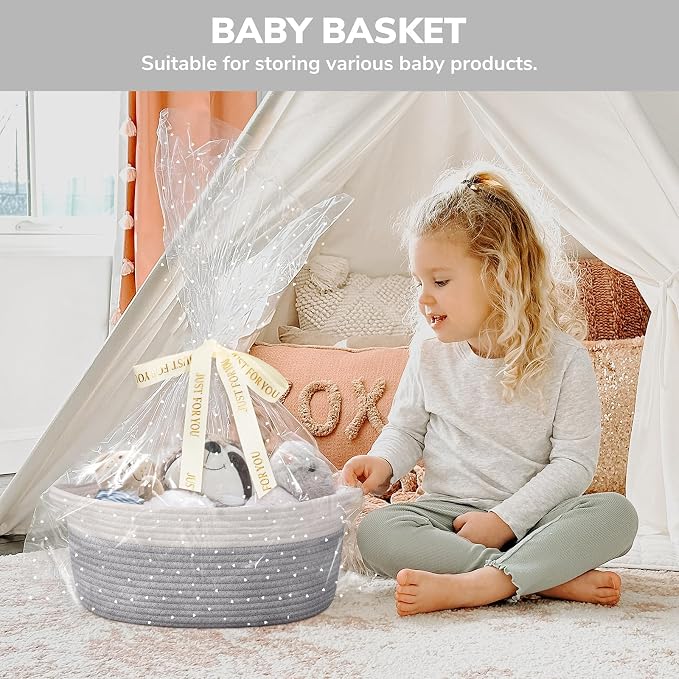 CHICVITA Large Rope Gift Basket Empty with Bags & Ribbon to Fill, Grey | 13.6"x 10" x 6" Woven Gift Basket Empty to Fill for Holiday, Rope Baskets for Organizing, Birthday Basket, Dog Toy Basket