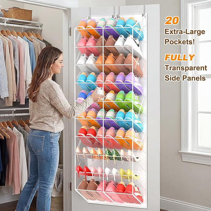 20-30 Pairs Over the Door Shoe Organizer, Transparent PVC Hanging Shoe Rack for Closet, 10-Tier Door Shoes Storage, Crystal-Clear Visibility Fit All the Family's Sneakers, Boots, Heels, White Frame