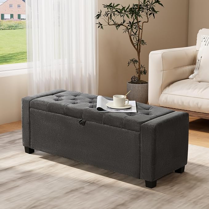 Royal Windsor Ottoman with Storage,Tufted Storage Bench with Safety Hinge,Holds up to 350 lb,Upholstered Bench with Seating for Bedroom, Living Room,Entryway,Linen Dark Gray