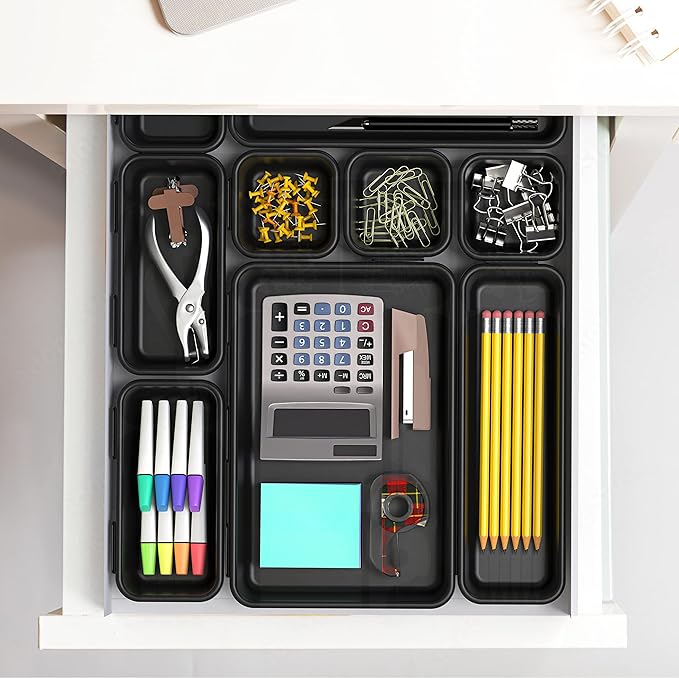 Simple Houseware Interlocking Desk Drawer Bins Organizer, 10 Packs, Black | Great for Makeup Vanity, Bathroom, Office Drawers