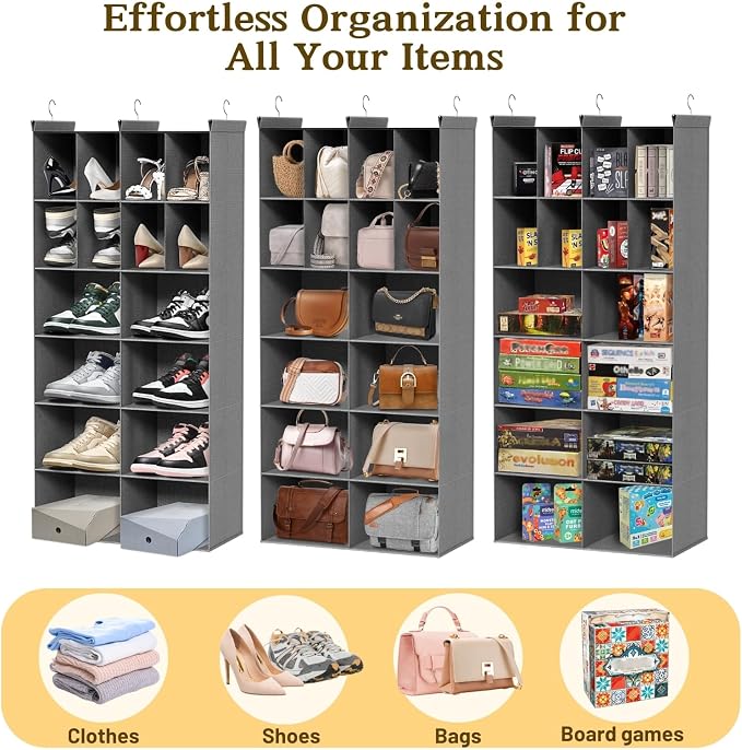 6 Tier Hanging Closet Organizer, 16 Compartments Dual Row Storage, Grey | Closet Organizers and Storage with Large & Small Pockets, 3 Sturdy Hooks Support Heavy Loads, Ideal for Dorm, Garment Rack