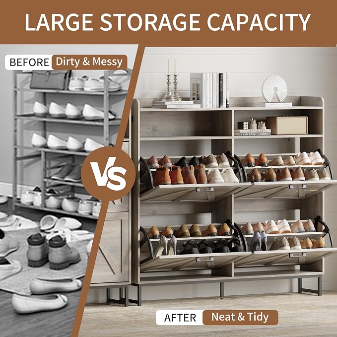 Shoe Cabinet with 4 Flip Drawers, Freestanding Hidden Shoe Storage Organizer for Entryway, Narrow Slim Shoe Rack Cabinet with Open Storage & Hooks for Front Door Entrance, Living Room, Hallway, Grey