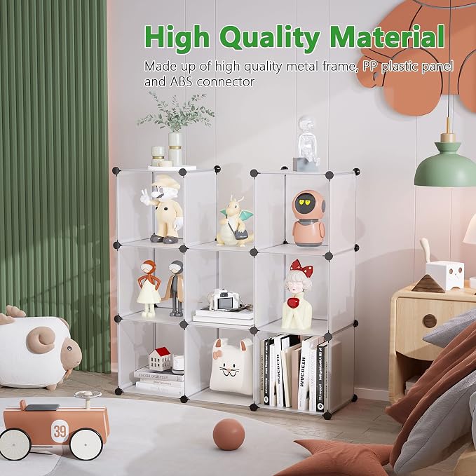 C&AHOME Cube Storage Organizer, 9-Cube Bookcase, Closet Cabinet White | DIY Stackable Bookshelf, Plastic Modular Shelving Units Ideal for Home, Office, Kids Room, 36.6" L x 12.4" W x 48.4" H