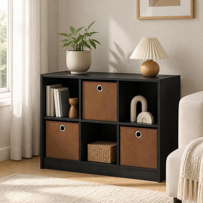 6-Cube Bookshelf with Storage Bins, Cube Bookcase, Book Shelf with Storage Bins, 11.9 x 31.6 x 23.6, for Living Room, Home Office, Espresso
