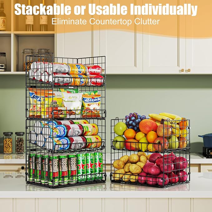 JKsmart 6-Tier XXL Stackable Wire Basket, Snack Organizer for Countertop | Pantry Organizers and Storage with Dividers & Handles, Can Organizer Space Saving Storage Bins for Snacks Fruits Veggies