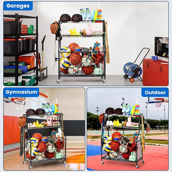 Kinghouse Sport Equipment Organizer for Garage, Steel Basketball Rack with Bat Holder and Hooks, Easy Assembly Storage for Balls, Kids' Toys, Workout Gear, Home Gym, Outdoor