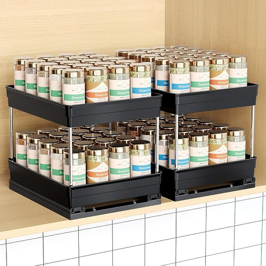 Mystozer Pull Out Spice Rack Organizer for Cabinet, Slide Out Spice Racks Organizer, Easy to Install Spice Cabinet Organizers, 8.26''Wx10.62''Dx8.66''H, 2 Packs-2 Tiers (Black)