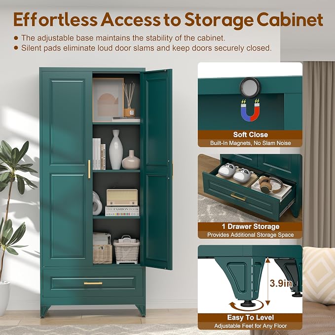 UNICOLY 75" Kitchen Pantry Cabinet,Metal Storage Cabinet with Drawer, | Tall Storage Cabinet with Doors and 4 Shelves,for Kitchens, Living Room, Dinning Room, Assembly Required, Green