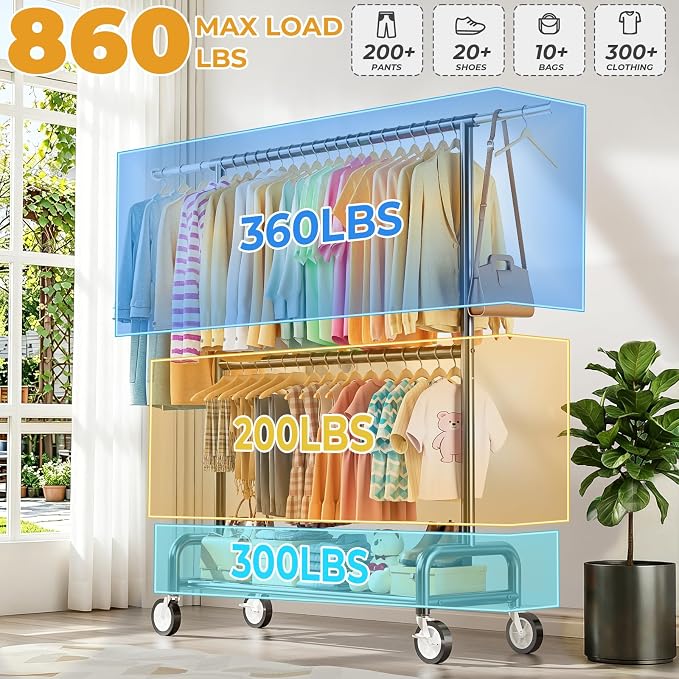 Heavy Duty Clothes Rack Load 860LBS, Double Rods Rolling Clothing Racks for Hanging Clothes, Rolling Garment Rack With Sturdy Wheels Shelves, Portable & Adjustable Commercial Garment Rack, Black