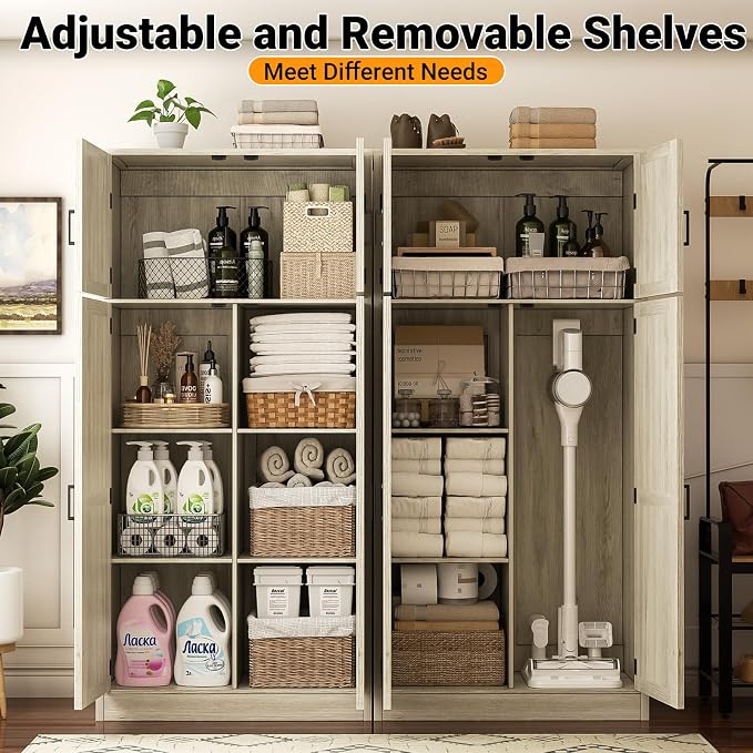 Unikito 71” Tall Pantry Cabinet with Adjustable Shelves, Wash Gray, 2 Pack | Large Storage Cabinet, Farmhouse Barn Doors, Sturdy and Deep, Versatile for Kitchen, Dinning Room, Living Room, Bathroom