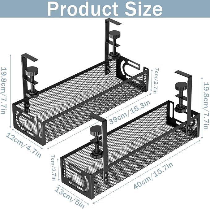 Cable Management, 2 Pack Cable Management Under Desk, Cable Tray | No Drill Under Desk Cable Management Tray, Cord Organizer with Clamp for Standing Desk, Desk Organizer for Home Office