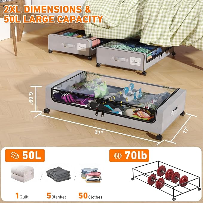 Under Bed Storage with Wheels, 2 Pack Under Bed Storage Containers with Clear Lids, XXL 65L Under Bed Storage Organizer, Rolling Under Bed Metal Drawer for Blanket, Clothes, Shoes (31 x 17 x 6.69 in)