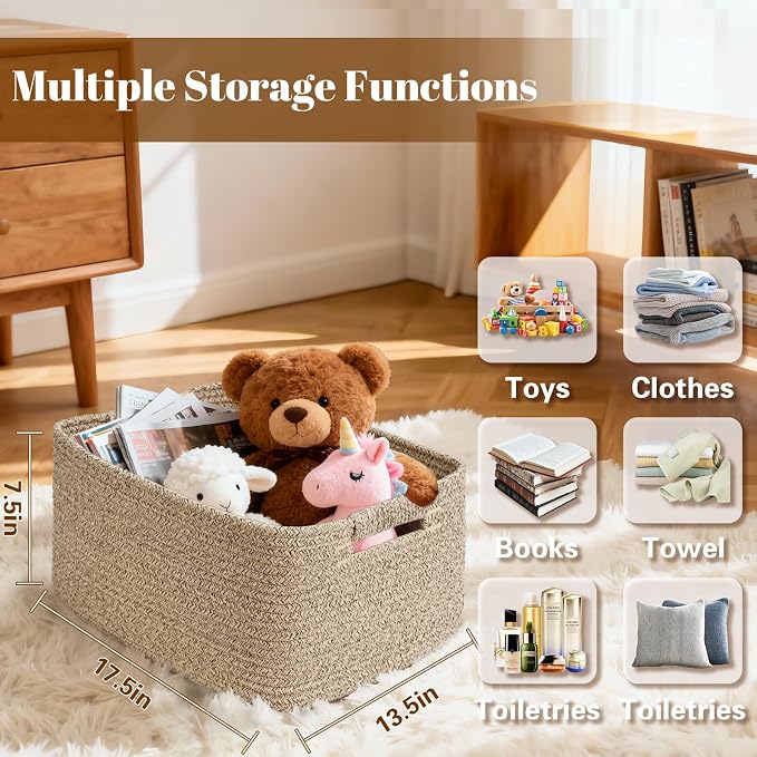 3 Pack Large Storage Basket for Organizing, 17.5"x13"x7" Woven Basket for Shelves, Closet Cube Storage Bins with Wrapped Handle, Cotton Rope Baskets for Kitchen, Clothes, Toys(Natural))
