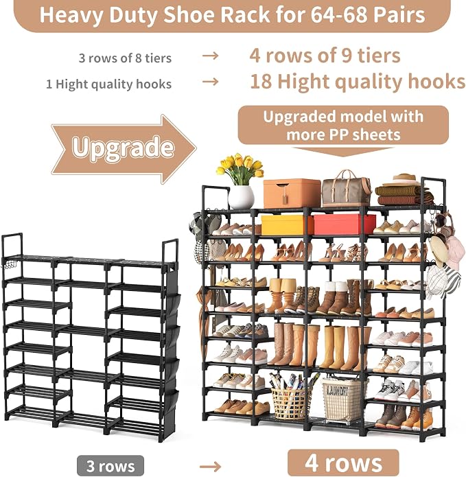 ROJASOP Large Shoe Rack Organizer for Entryway Closet 64-68 Pairs 9-Tier Heavy Duty Tall Garage Shoe Rack Shoe Shelf Shoes Storage with 18 Pcs Removable Side Hooks for Bedroom and Garage Black