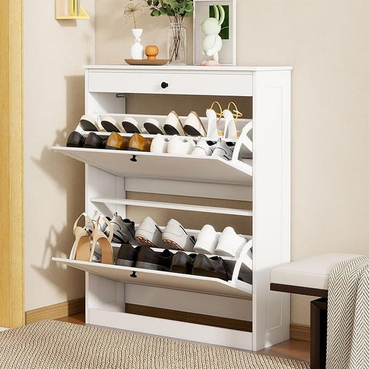 FTZxHKLX Shoe Cabinet, Hidden Shoe Storage Cabinet with 2 Flip Drawers | Wooden Shoe Rack with Adjustable Shelf, Modern Freestanding Shoe Rack Organizer for Entryway, Hallway, Living Room, White