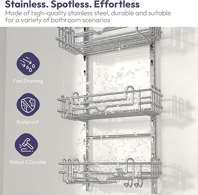 SWTYMIKI Shower Caddy Hanging Organizer - 3-Tier Rustproof Shower Organizer Over Showerhead with Adjustable Baskets, 24 Hooks, Soap & Razor Holder - No Drill Large Bathroom Storage Rack, Silver