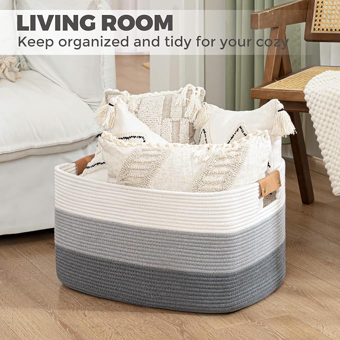 danpinera Large Woven Basket 25’’*16’’*16’’ 108L Woven Baskets for storage Baby Laundry Hamper, Cotton Rope Boho Decorative Storage Bin for Living Room, Nursery, Clothes, Pillows Gradient Grey