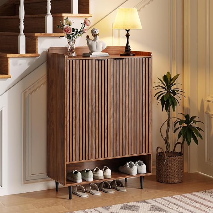 Shoe Cabinet with 2 Doors for Entryway, 21 Pairs Wooden Shoe Storage Cabinet with Adjustable Shelves, Farmhouse Hidden Shoe Organizer for Hallway & Mudroom, Slim Freestanding Shoe Cabinet, Walnut