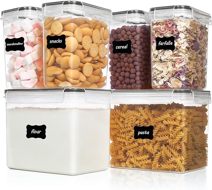 Vtopmart Airtight Food Storage Containers 6 Pieces - Plastic BPA Free Kitchen Pantry Storage Containers for Sugar,Flour and Baking Supplies - Dishwasher Safe - Include 24 Labels, Black | Airtight Containers, Sugar Flour & Baking Supplies Storage, Dishw...