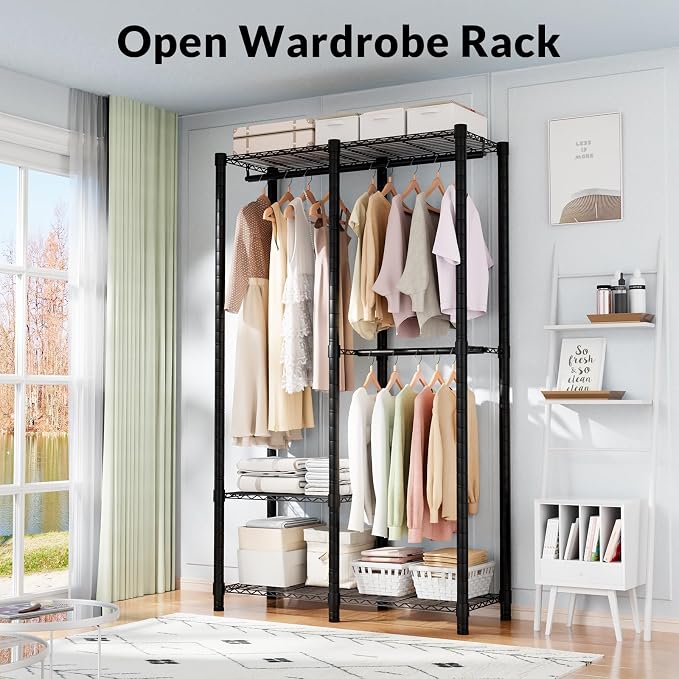 Heavy Duty Clothes Rack, 3 Tiers Sturdy Metal Clothing Rack with Hanger Rods & Shelves, Portable Closet Rack for Bedroom 45" W × 16" D × 76" H, Garment Rack Holds 450lb, Easy Assembly&Storage