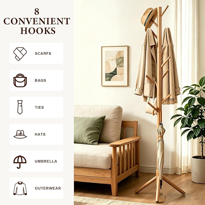 Wooden Coat Rack Freestanding | Coat rack with 8 Hooks & 3 Adjustable Sizes for Clothes, Space-Saving Design for Bedroom Office Entrance Holds Hats Coats