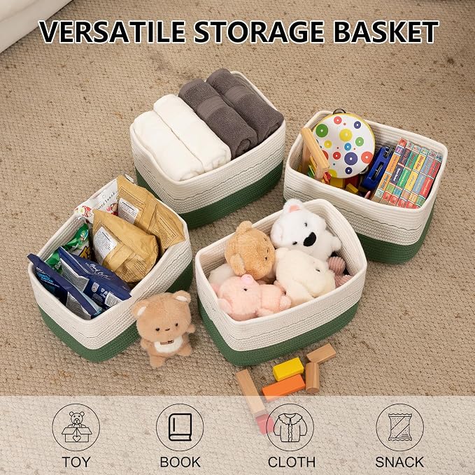 OIASKET 4 Pack Storage Baskets for Organizing, 13"X9"X7.87", Decorative Cotton Rope Baskets for Shelves, Small Woven Basket for Toys, Books and Towels, Green & White