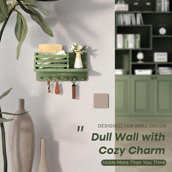 Rebee Vision Key Holder Wall Mount with 8 Key Hooks for Room Decor, Green | Key Holder for Wall, Mail Slot, Letter Storage, Mail Organizer, Key Hanger, Umbrellas, Floating Shelf, Home Organization