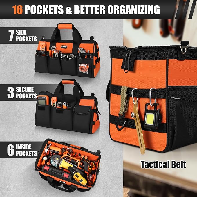 UUP 18" Large Tool Bag, Heavy Duty Spacious Tool Box Organizer, Orange | 16 Pockets & MOLLE. Detachable Strap & Handle. Non-slip Base, Metal Buckle. 30lb Holds Drill/Tool on Truck, Garage, Men Gift.