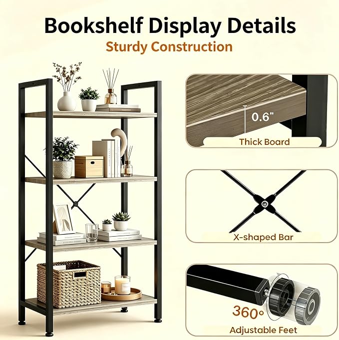 HealSmart 4 Tier Bookshelf, Free Standing Book Shelf Home Office Bookcase Shelf Storage Organizer for Bedroom, Bathroom, Living Room, Office, Balcony, Gray Wood