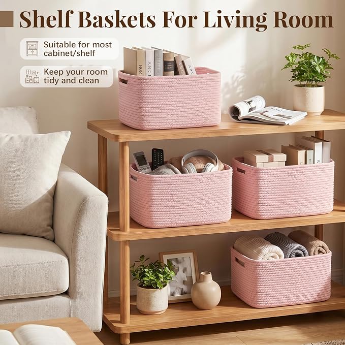 OIASKET 4Packs Natural Cotton Rope Storage Baskets for Organizing Toys, Clothes, Towels & Books, Soft Versatile Organizers for Shelves, Home Decorative Bins, 13''Lx9''Wx7.8''H, Pink