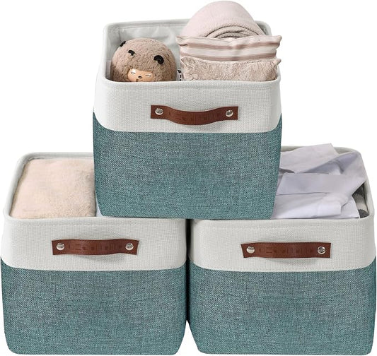 DECOMOMO Storage Bins, Extra Large Fabric Storage Baskets for Shelves 3Pack | 15.8 x 12.5 x 10 inches Decorative Linen Closet Organizers (Green & White)