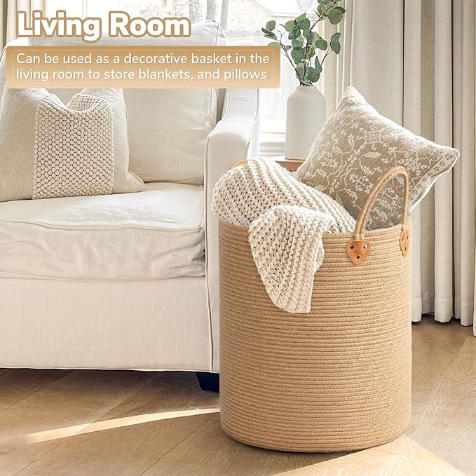 CHICVITA 70L Large Laundry Basket for Clothes, Jute Srorage Basket for Blankets Living Room, Tall Laundry Hamper for Home Décor, Wicker Woven Baskets for Nursery Toy Storage, 16" X 16" X 20"