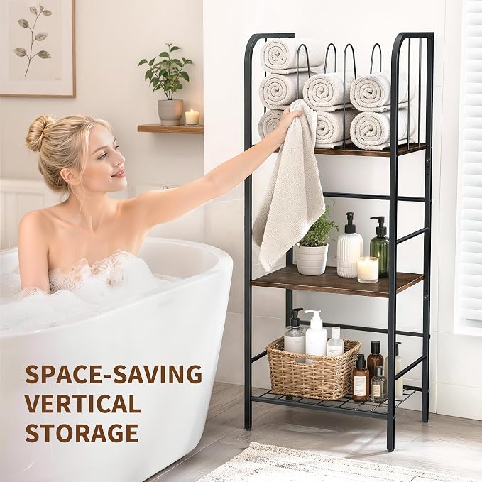 3-Tier Towel Rack, Freestanding Bathroom Storage | Sturdy Metal Frame, Wood Shelves, Wire Basket, Curved Towel Bar, Space-Saving Vertical Organizer for Bathroom, Laundry & Pool