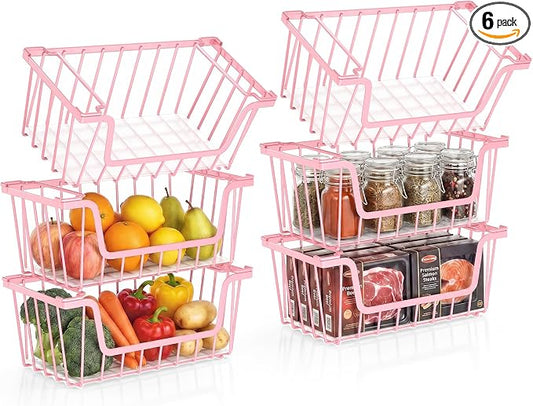 SUNALLY Stackable Storage Bins 6 Pcs Wire Baskets Freezer Organizer, Pink | Pantry Organizers Storage, Vegetable Fruit Storage Basket for Countertop, Kitchen Baskets for Onion Potato Snack Cans Storage